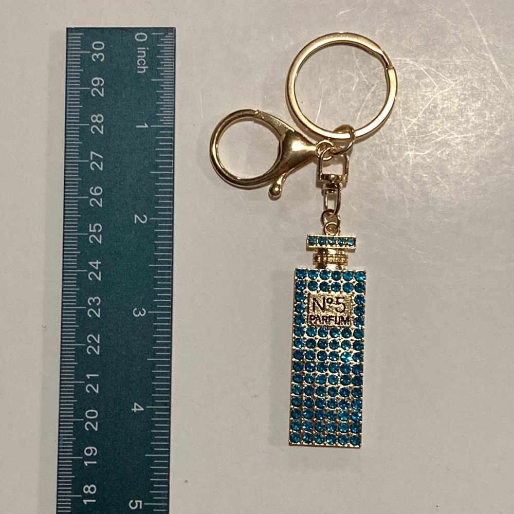 Aqua Blue and Gold Tone No. 5 Parfum Bottle Keychain or Bag Charm